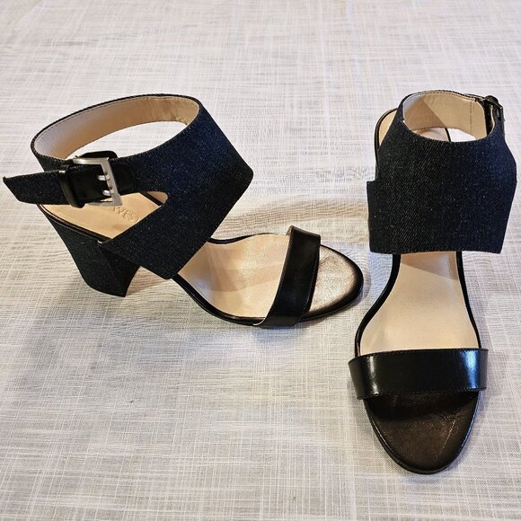 NINE WEST Brynlee Demin 4" Chunky Block Heel Open Toe Sandals Size 9 - Picture 1 of 6